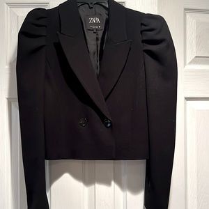ZARA Cropped Black Double Breasted Blazer Jacket With Puffed Sleeves EUC
